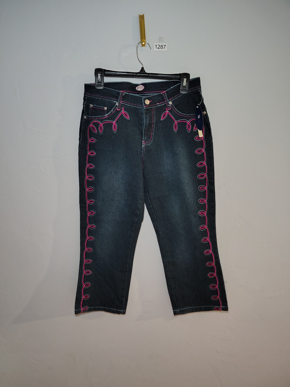 Dark Wash Cropped Jeans with Pink Stitch Detail